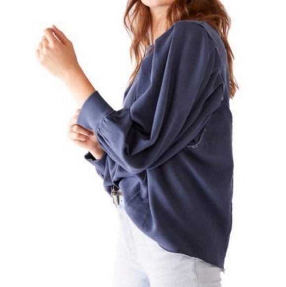 Free People We The Free Rosey Navy Blue Distressed Fleece Oversized Sweatshirt - Picture 5 of 11
